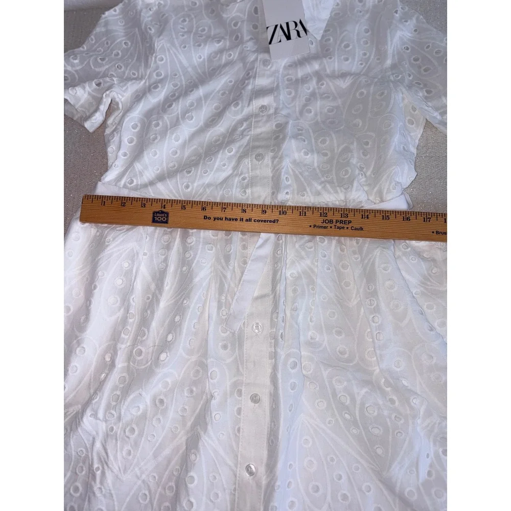 Zara Eyelet Shirt Dress medium White New Belted Scalloped Mini Embroidery - Picture 11 of 16